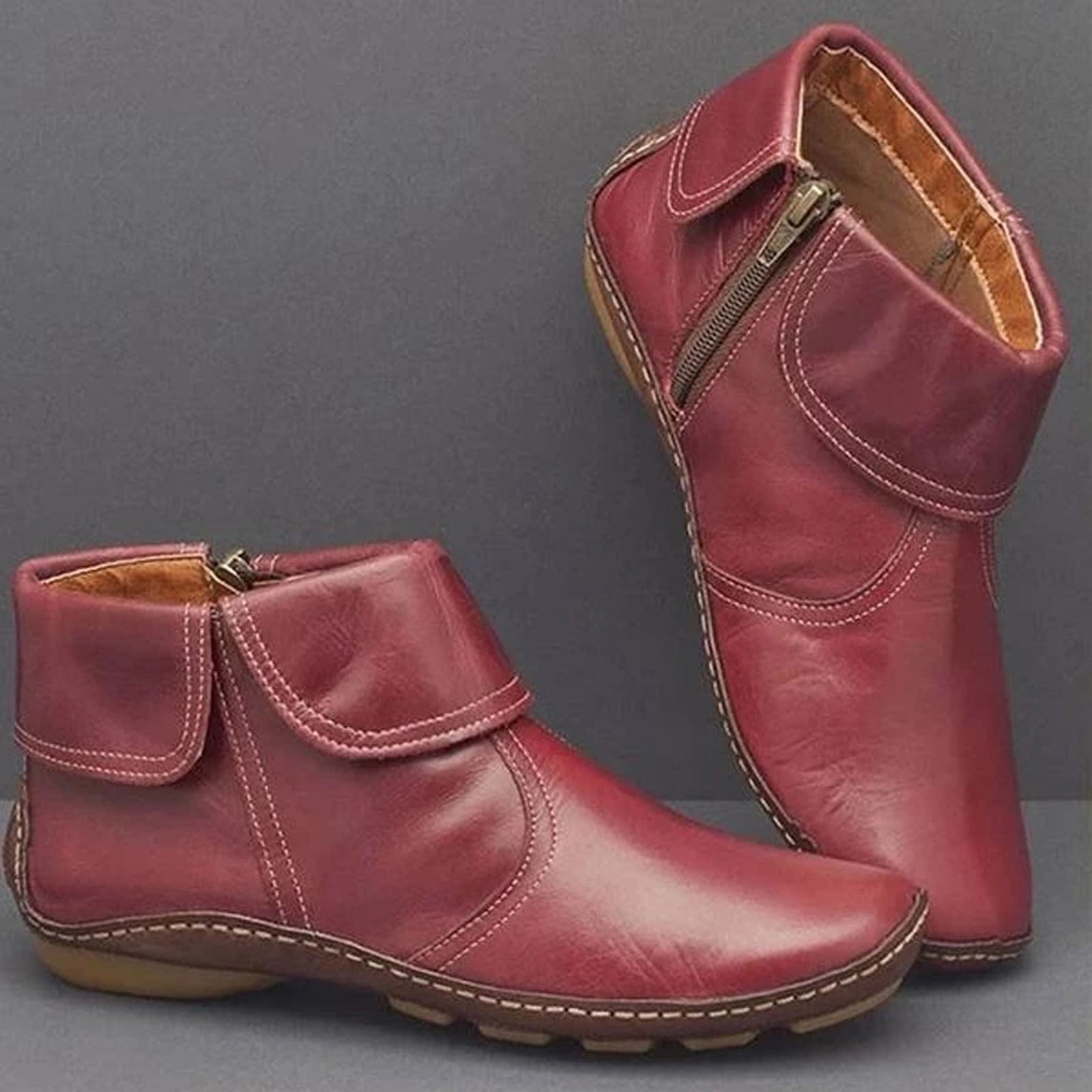 Symoid Ankle Boots for Women Flat Cowboy Boots Fall Winter Leather