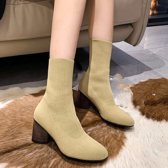 Symoid Chelsea Boots for Women Winter Knit Sock Boots Chunky Trendy Mid-calf Boots- Khaki 9