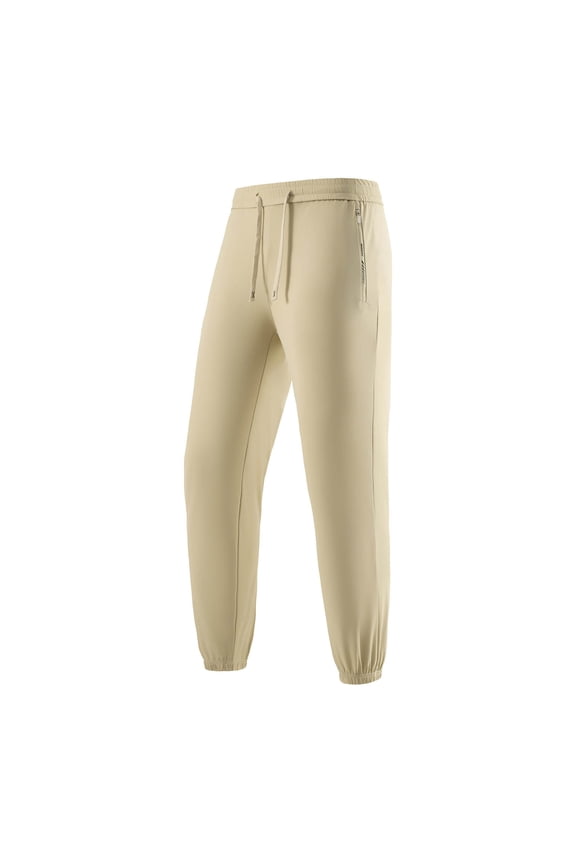 GUZOM Men's Nylon Spandex Athletic Pants Stretchy Breathable,Zip Pockets,Cuffed Ankle,Size L Khaki Ideal for Gym,Lounge & Daily Wear