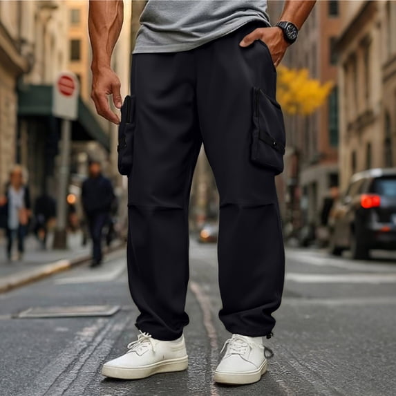 GUZOM Men's Cargo Pants Black Size M 100% Polyester Loose Fit,Multi-Pocket & Wrinkle-Resistant for Daily Casual & Outdoor Wear