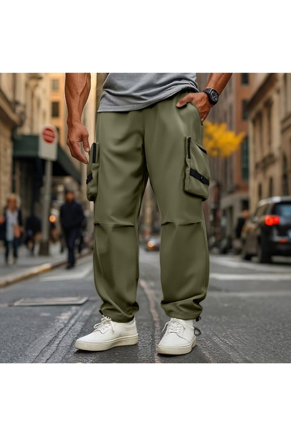 GUZOM Men's Loose Fit Polyester Cargo Pants Army Green Size XL Wrinkle-Resistant for Casual Use