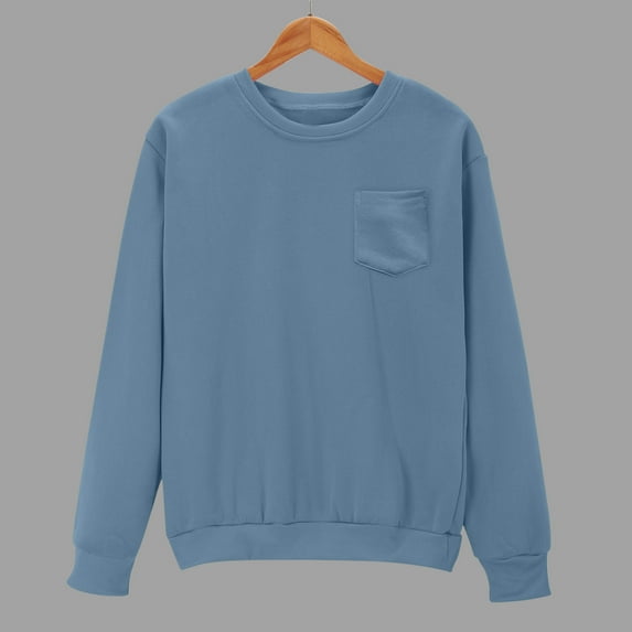 SYMOID Men's L Size Navy Crew Neck Sweatshirt - 100% Polyester, Soft Relaxed Fit with Chest Pocket, Easy Care for Daily Wear, Gym & Layering