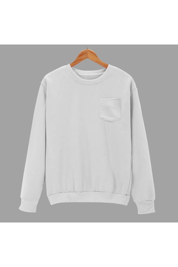 Men's 2XL White Crew Neck Sweatshirt - 100% Polyester Soft Durable, Relaxed Fit with Chest Pocket, Ribbed Cuffs/Hem, Easy Care for Casual Outings, Home Lounge & Gym