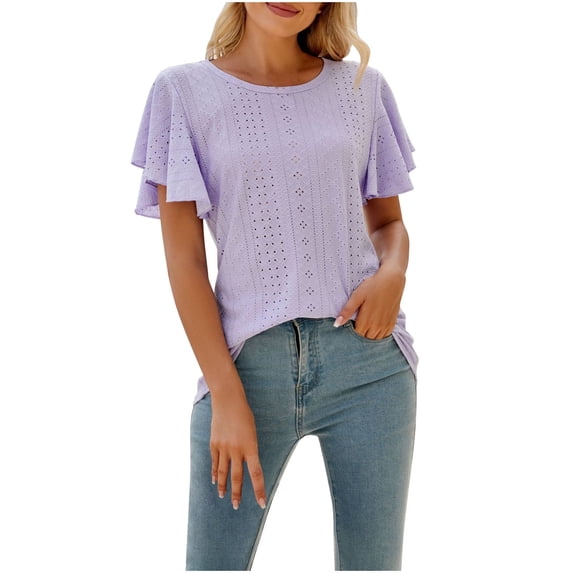 SYMOID Shirts for Women,Flutter Sleeve Short Sleeve Womens Tops,Crewneck Loose t Shirts,Purple