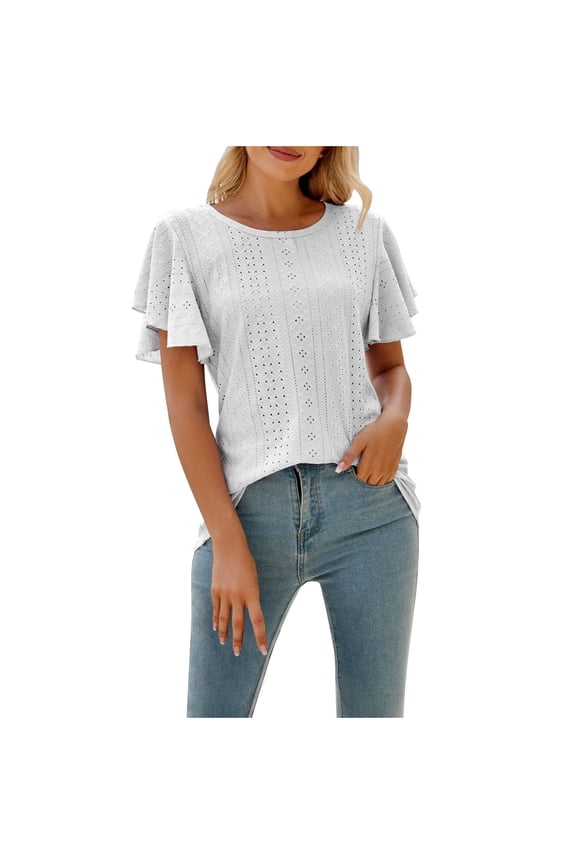 Shirts for Women,Flutter Sleeve Short Sleeve Womens Tops,Crewneck Loose t Shirts,White