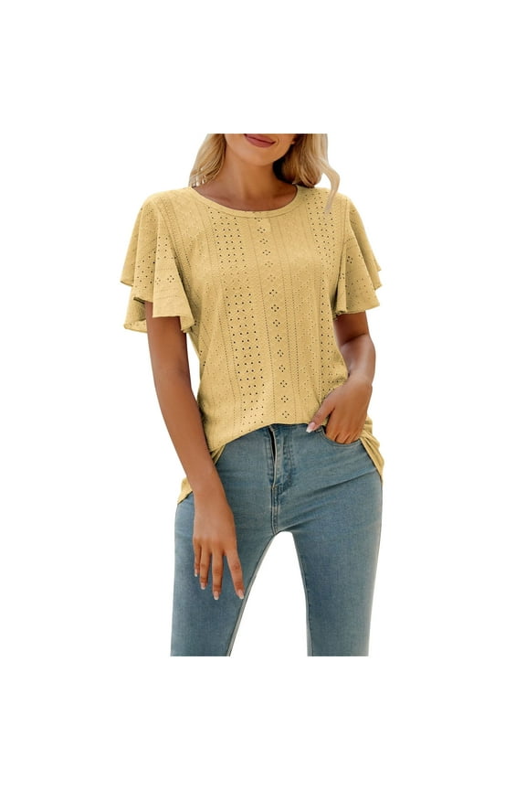 Shirts for Women,Flutter Sleeve Short Sleeve Womens Tops,Crewneck Loose t Shirts,Yellow