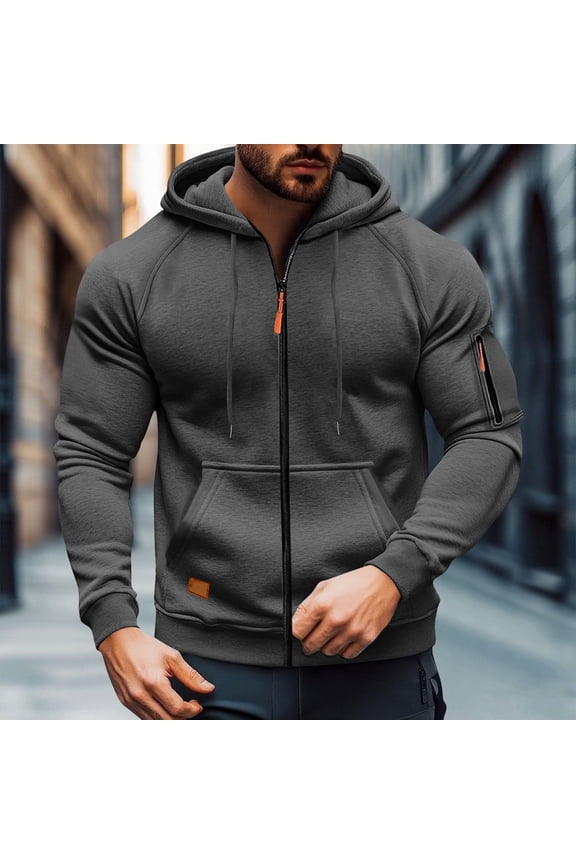 Men's Zip Up Hoodie - Size XS, Quick-Dry 100% Polyester with Arm & Kangaroo Pockets, Athletic Casual Style, Dark Gray