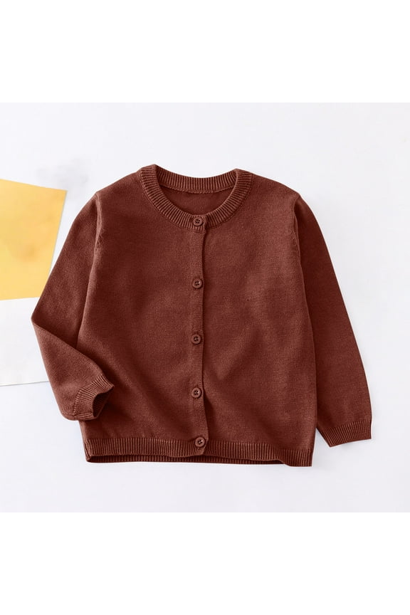 Girls Sweater Cardigan - Brown Cotton Knit Crew Neck Long Sleeve, Warm Solid Color for Kids Size 5-6 T