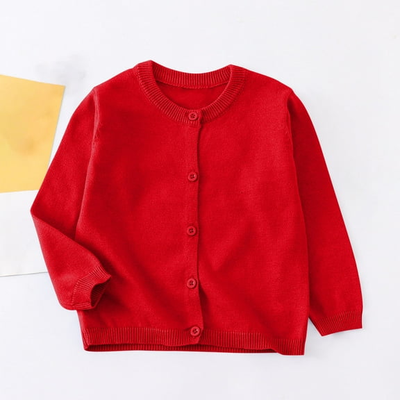 DAETIROS Girls Sweater Cardigan - Red Cotton Knit Crew Neck Long Sleeve, Warm Solid Color for Kids Size 5-6 T