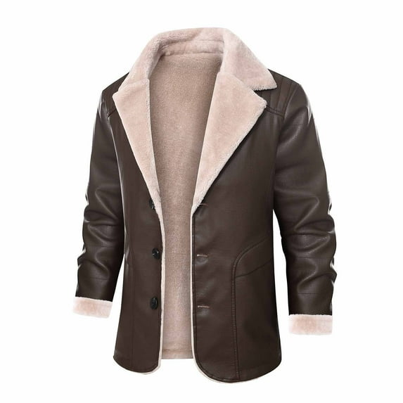 Symoid Winter Jacket for Men 2023 Warm Faux Fur Coat Trendy Plush Leather Motorcycle Jacket- Brown 12
