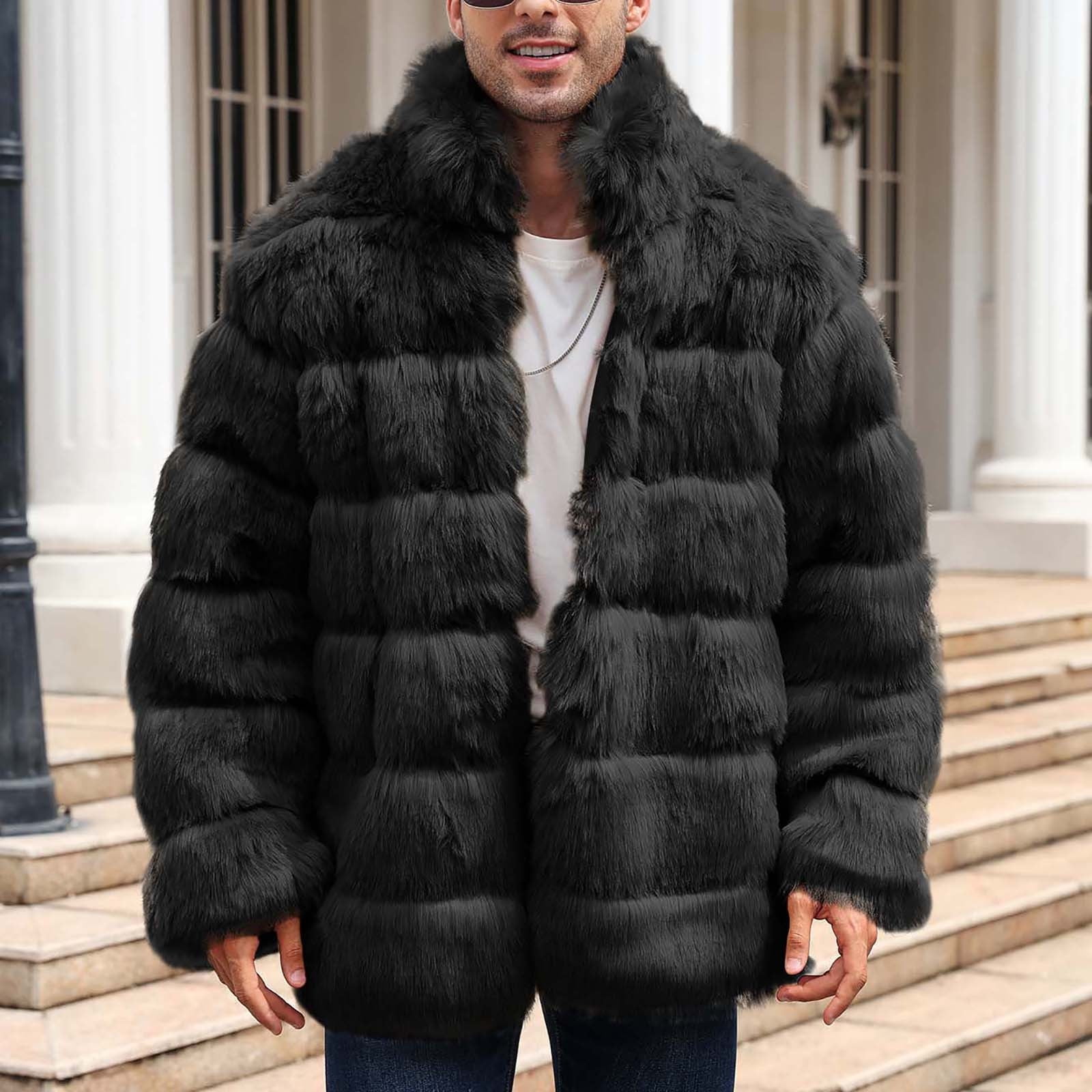 Symoid Winter Jacket for Men Faux Fur Coat Plush Warm Jacket Fashion ...