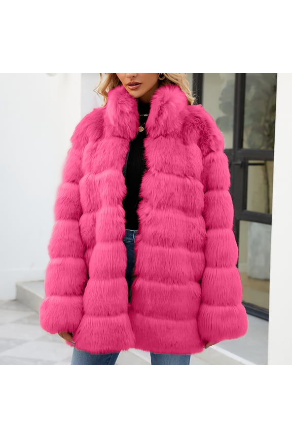 Womens Coats Outerwear Winter Plus Size Long Sleeve Solid Thermal Faux-Fur Hot Pink Outerwear Size 3XL