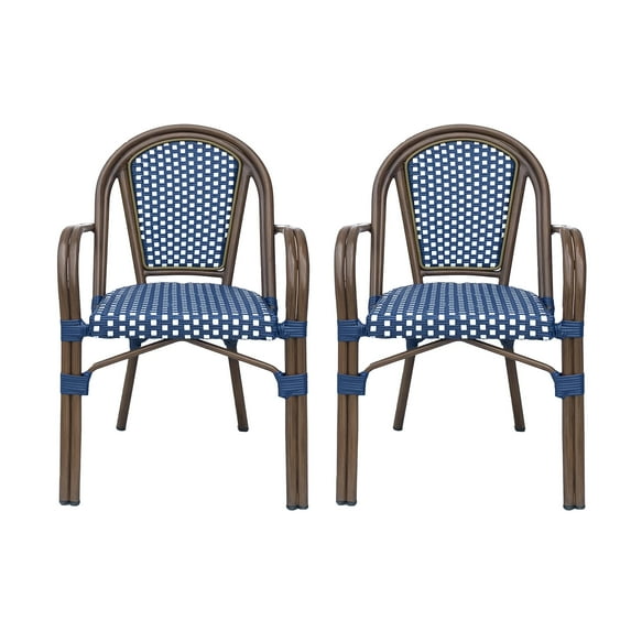 Symonds Outdoor French Bistro Chairs, Set of 2, Navy Blue, White, and Brown Wood