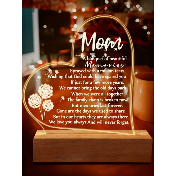 Sympathy Acrylic Night Light Plaque with Wood Stand - Memorial Bereavement Gift for Mother, Condolence Remembrance Keepsake in Memory of Mom