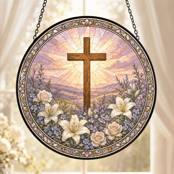Sympathy Flower Cross Stained Glass Suncatcher Window Hanging Remembrance Gift