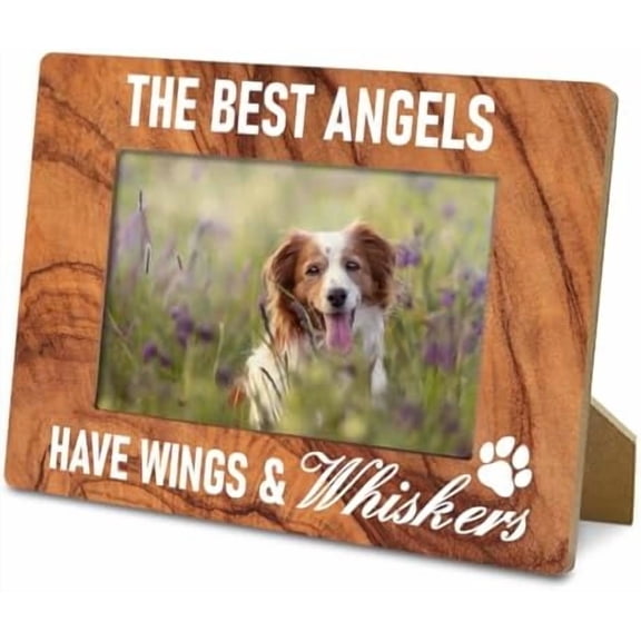 Sympathy Gifts, Dog Cat Bereavement Remembrance Gifts, Pet Memorial Wood Picture Frame, the Best Angels Have Wings and Whiskers, Holds 4 x 6 Inch Photo-Rustic Nature Wood Texture