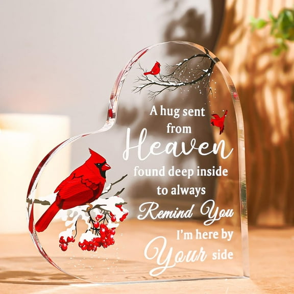 Sympathy Red Cardinal Gift Christmas Memorial Bereavement Gifts Rememberance Gift for Loss of Loved One in Heaven Crystal Acrylic Heart Condolence Gifts for Table Centerpieces Decor