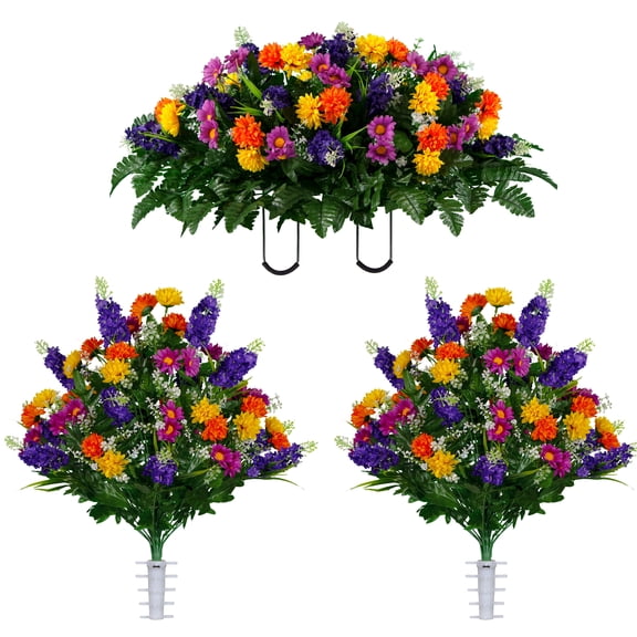 Sympathy Silks Artificial Cemetery Flowers Purple Violet Yellow Wildflowers 2 Bouquets & Saddle