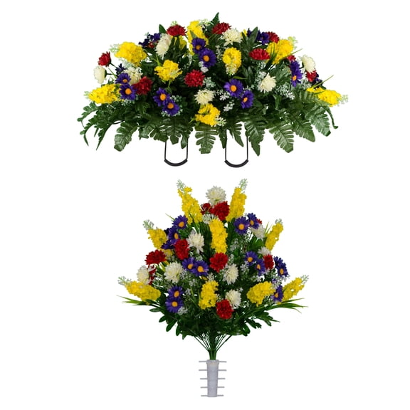 Sympathy Silks Artificial Cemetery Flowers Red Yellow Purple Wildflowers Bouquet & Saddle