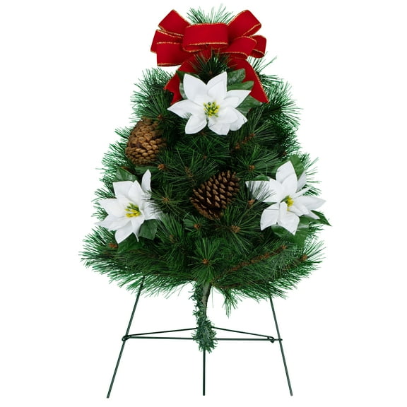 Sympathy Silks Artificial Cemetery Christmas Tree with White Poinsettia and Red Bow on Easel