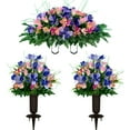 thumbnail image 1 of Sympathy Silks Artificial Cemetery Flowers 2 Cream Pink Tulips/Purple Iris Bouquets with Vases & Saddle, 1 of 8