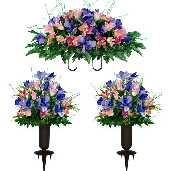Sympathy Silks Artificial Cemetery Flowers 2 Cream Pink Tulips/Purple Iris Bouquets with Vases & Saddle