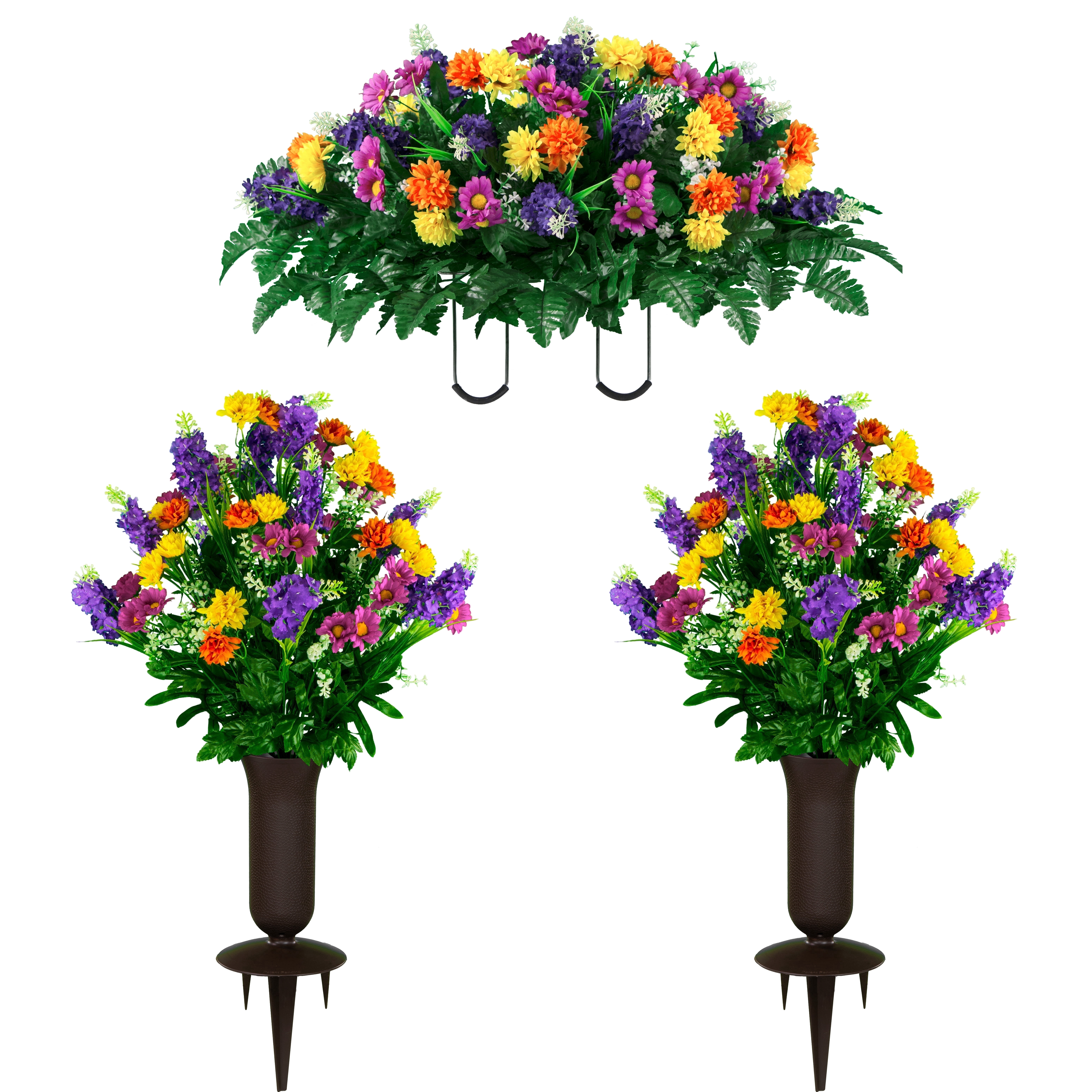 Sympathy Silks Artificial Cemetery Flowers - Red Yellow Purple Wildflowers - 2 Bouquets with Vases and Headstone Saddle