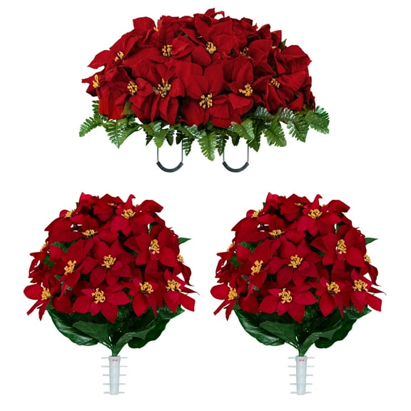 Sympathy Silks Artificial Cemetery Flowers 2 Red Poinsettia Bouquets and Saddle