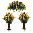 thumbnail image 1 of Sympathy Silks Artificial Cemetery Flowers 2 Yellow Red Wildflower bouquets with vases & cemetery saddle, 1 of 9