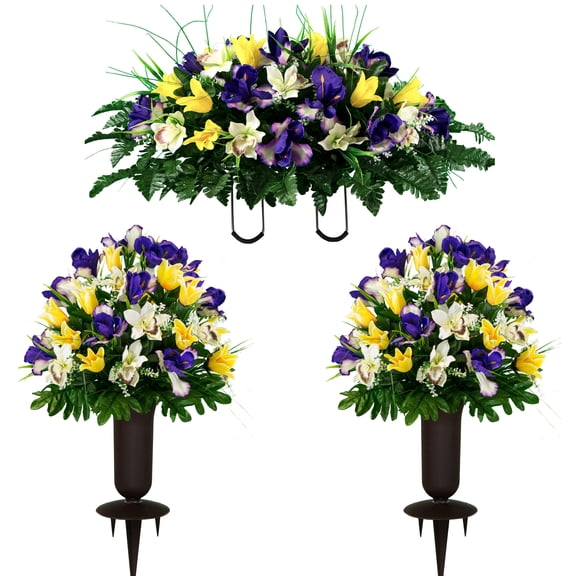 Sympathy Silks Artificial Cemetery Flowers 2 Yellow Tulips/Purple Iris Bouquets with Vases & Cemetery Saddle
