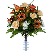Sympathy Silks Artificial Cemetery Flowers 24" Auburn Sunflower/Cream Rose/White Hydrangea/Pumpkin for a Vase