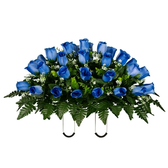 Sympathy Silks Artificial Cemetery Flowers 30" Blue Rose Buds Saddle for Headstone