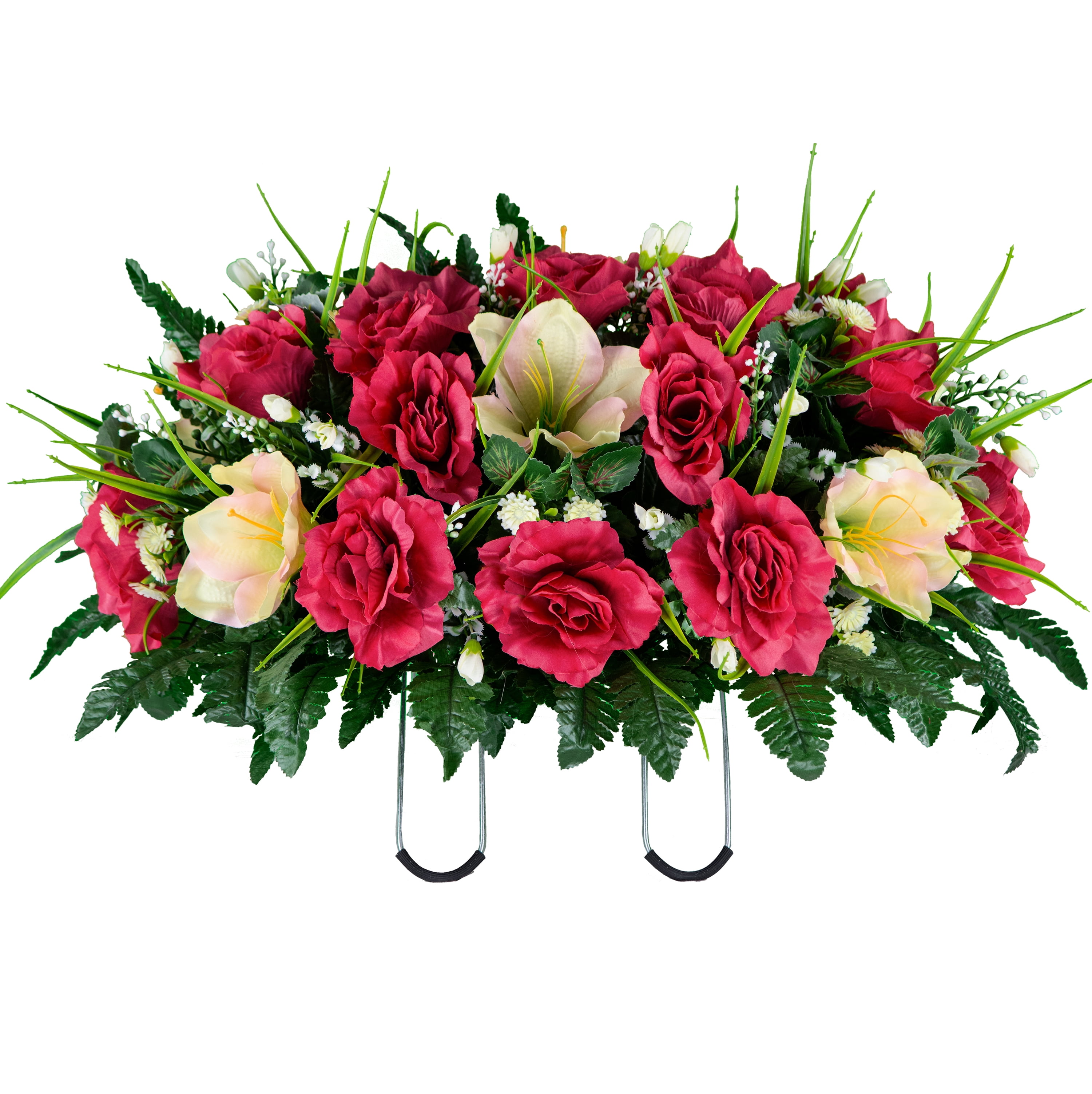 Sympathy Silks Artificial Cemetery Flowers 30" Cream Pink Amaryllis/Fuchsia Rose cemetery saddle