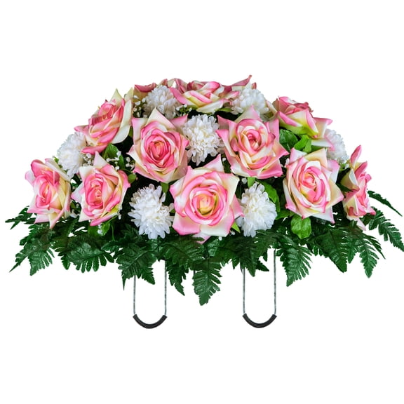 Sympathy Silks Artificial Cemetery Flowers 30" Cream Pink Open Rose/White Mum Saddle for Headstone