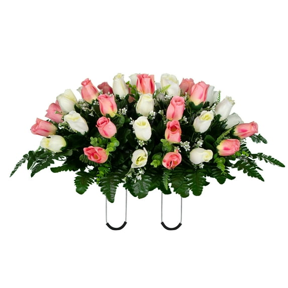 Sympathy Silks Artificial Cemetery Flowers 30" Cream and Pink Rose Buds Saddle for Headstone