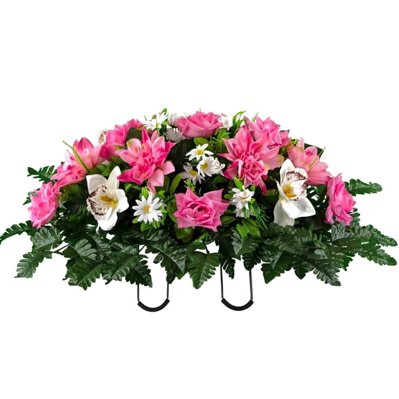 Sympathy Silks Artificial Cemetery Flowers - Pink Dahlia White Orchid Saddle for Outdoor Headstone