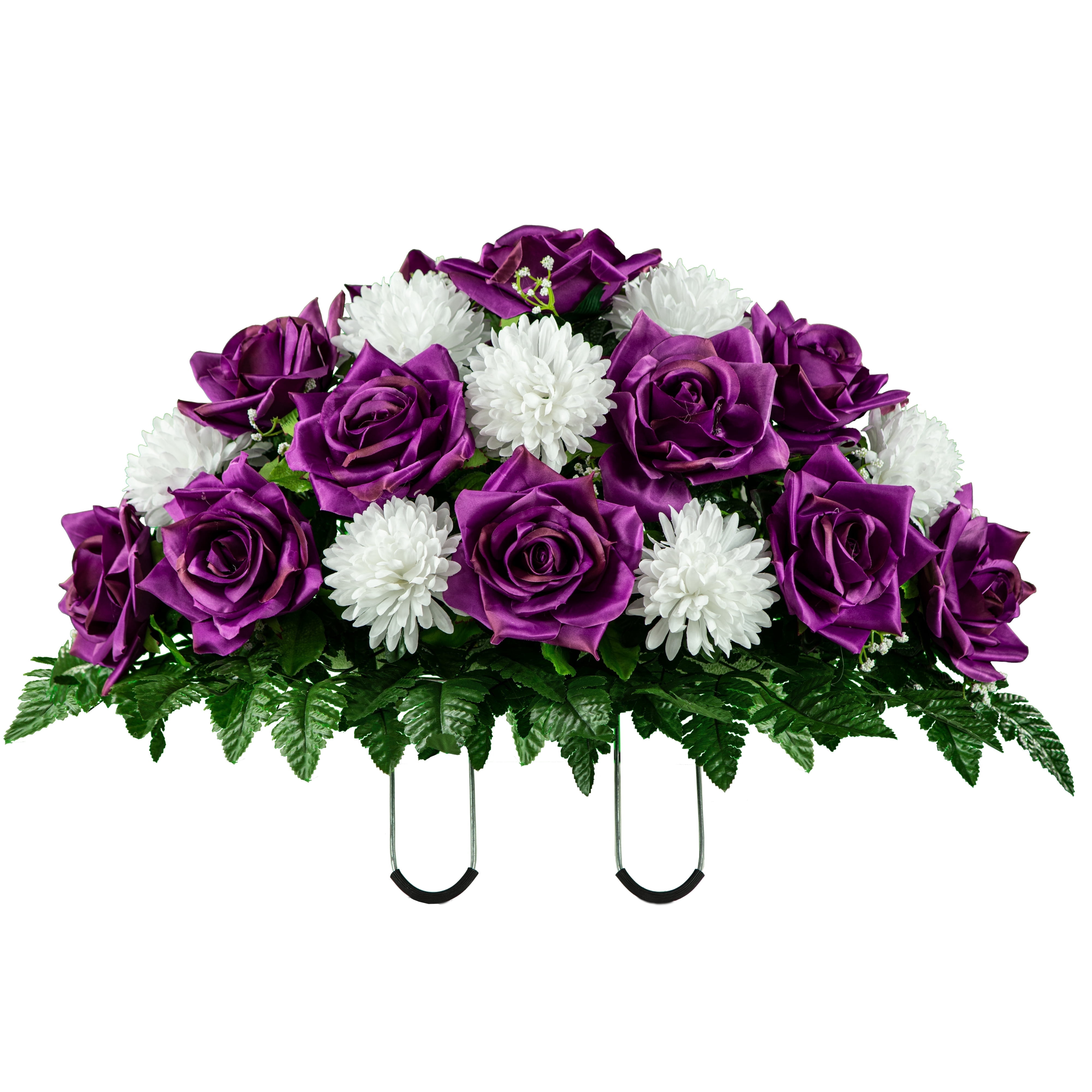 Sympathy Silks Artificial Cemetery Flowers Purple Open Rose White Mum Saddle for Outdoor Headstone
