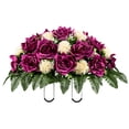 thumbnail image 1 of Sympathy Silks Artificial Cemetery Flowers 30" Purple Open Roses/Peach Cream Mum Saddle for Headstone, 1 of 7