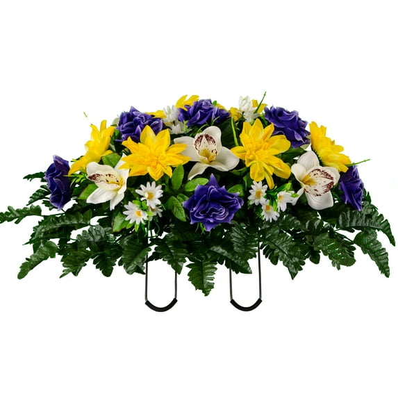 Sympathy Silks Artificial Cemetery Flowers 30" Purple Rose/Yellow Dahlia/White Orchid cemetery saddle