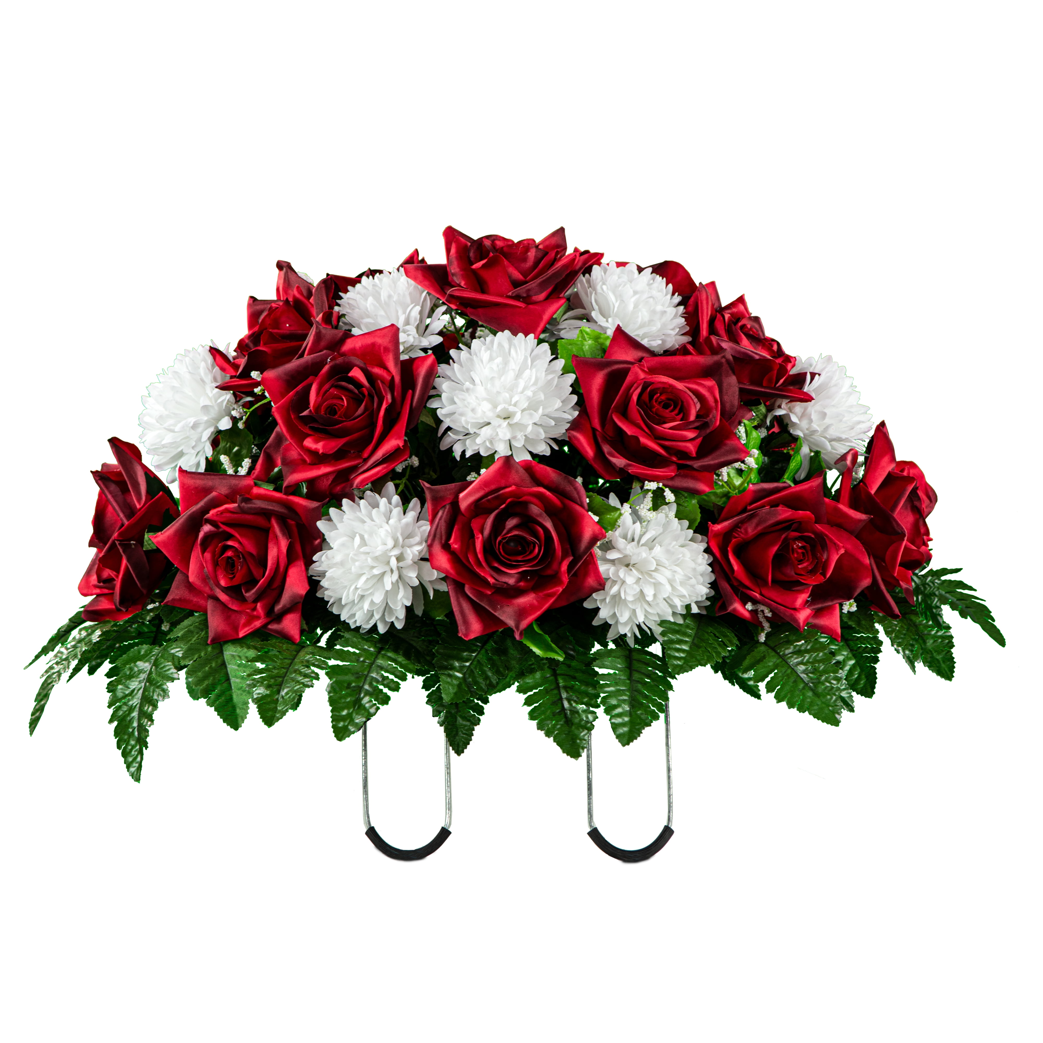 Sympathy Silks Artificial Cemetery Flowers 30" Red Open Rose/White Mum Saddle for Headstone