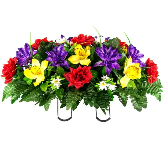 Sympathy Silks Artificial Cemetery Flowers 30" Red Rose/Purple Dahlia/Yellow Orchid cemetery saddle
