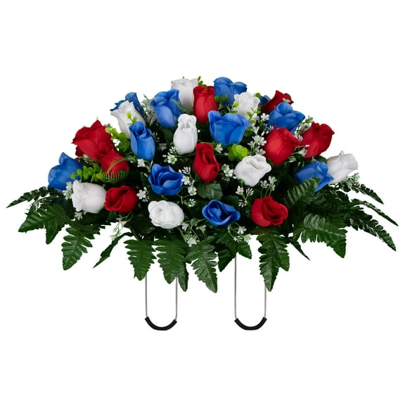 Sympathy Silks Artificial Cemetery Flowers 30" Red White and Blue Rose Buds Saddle for Headstone