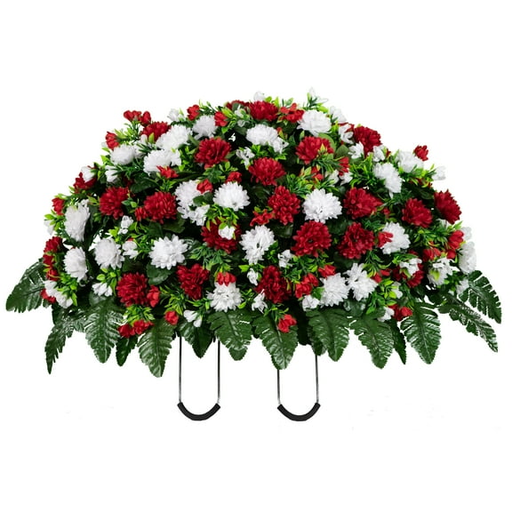 Sympathy Silks Artificial Cemetery Flowers 30" Red and White Mums Saddle for Headstone