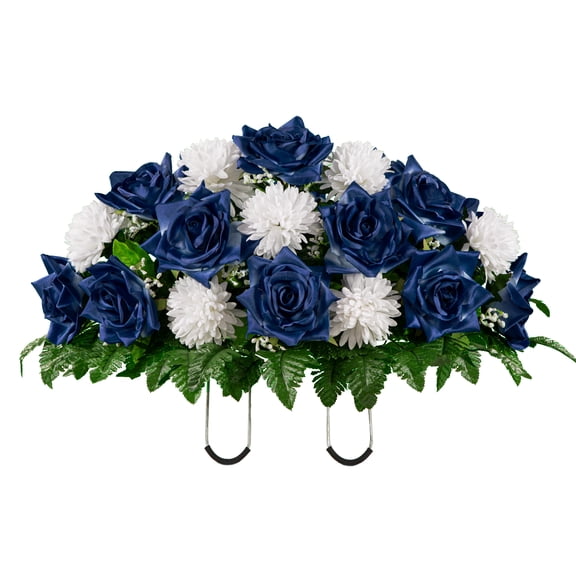 Sympathy Silks Artificial Cemetery Flowers 30" Sapphire Blue Open Rose/White Mum Saddle for Headstone