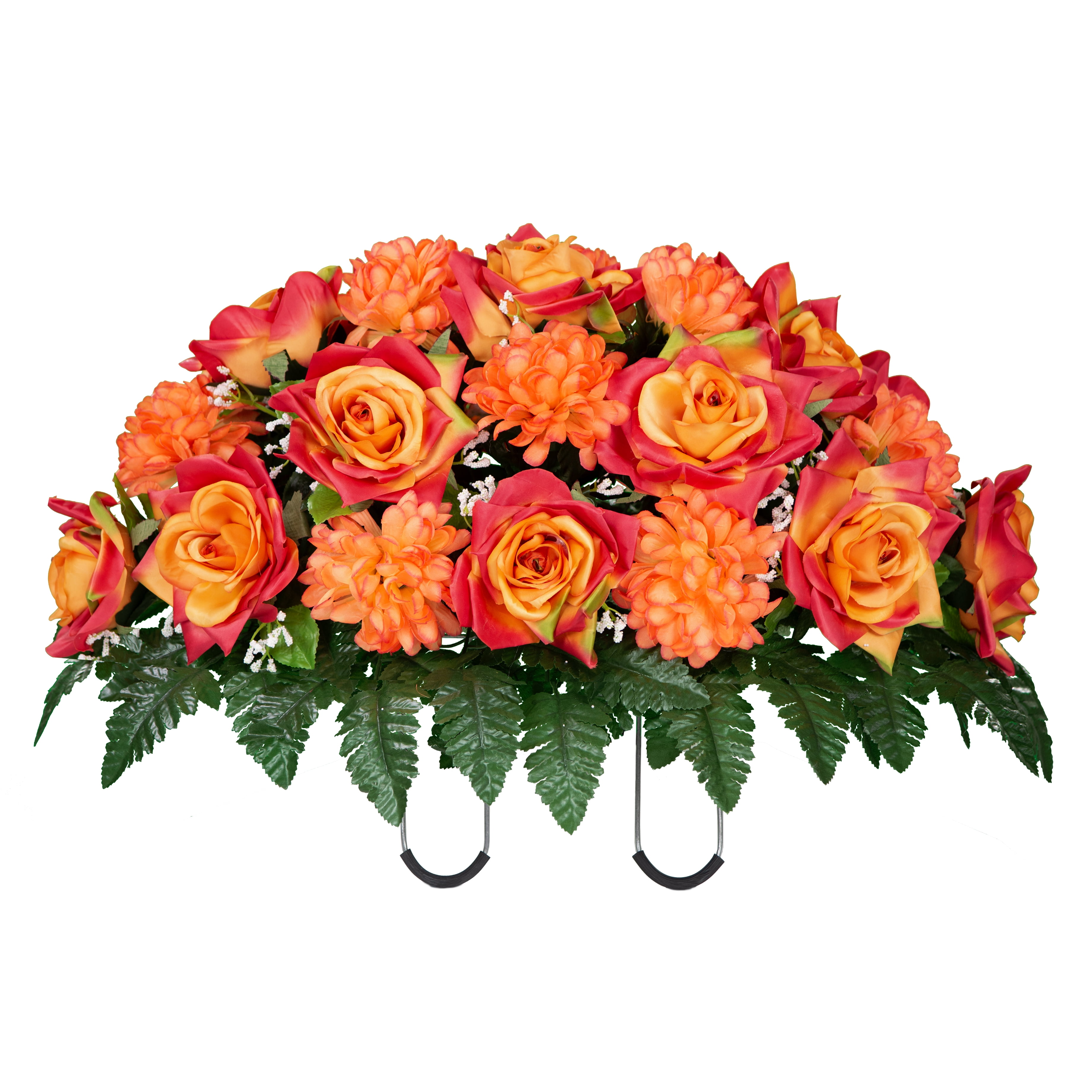 Sympathy Silks Artificial Cemetery Flowers 30" Sunset Orange Open Roses/Orange Mums cemetery saddle