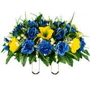 Sympathy Silks Artificial Cemetery Flowers 30" Yellow Amaryllis/Blue Rose Cemetery Saddle