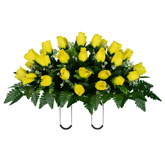 Sympathy Silks Artificial Cemetery Flowers 30" Yellow Rose Buds Saddle for Headstone