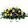 thumbnail image 1 of Sympathy Silks Artificial Cemetery Flowers 30" Yellow Tulip/Purple Iris Cemetery Saddle, 1 of 9