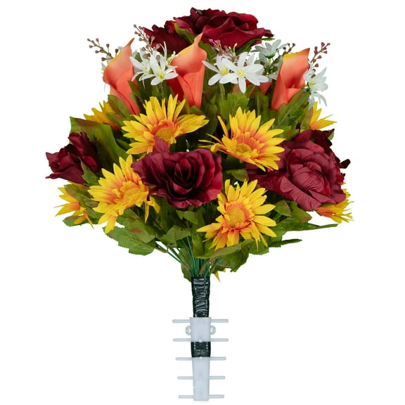 Sympathy Silks Artificial Cemetery Flowers Autumn Daisy/Orange Calla Lily/Burgundy Rose Bouquet