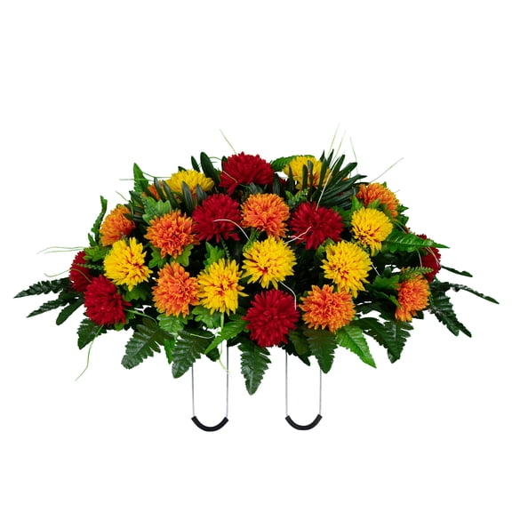 Sympathy Silks Artificial Cemetery Flowers - Autumn Memorial Mums - Saddle for Outdoor Headstone